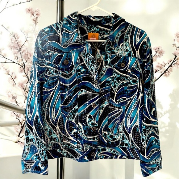 Retro Ruby Road Sz 12P Women's Blue Light Weight Jacket Shiny Button Up Pockets - Picture 4 of 11